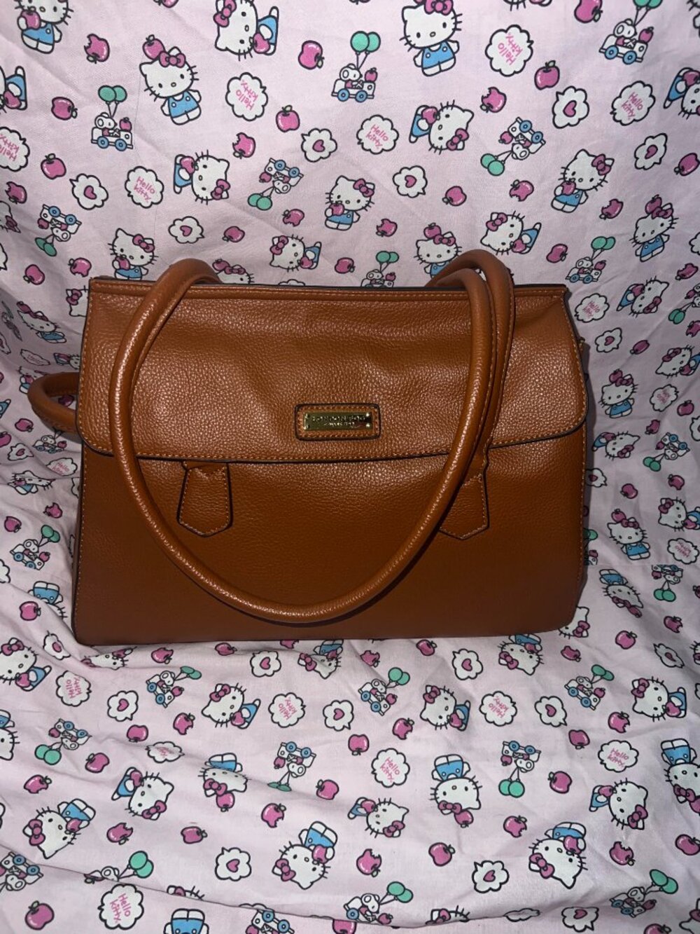 London Fog Cognac Pebbled Faux Leather Satchel Shoulder Bag